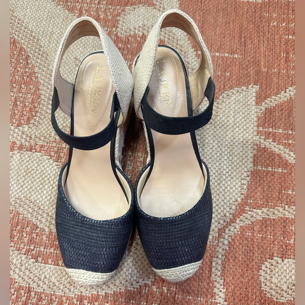 Ralph Lauren Black and Cream Espadrilles with Ankle Straps